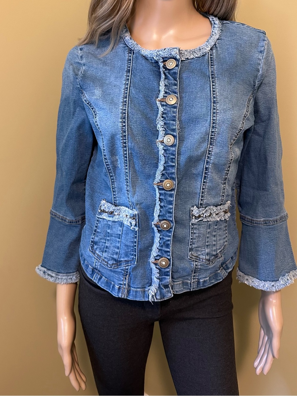 Frayed Jeweled Denim Jacket Women’s Size 40 Bell Sleeve